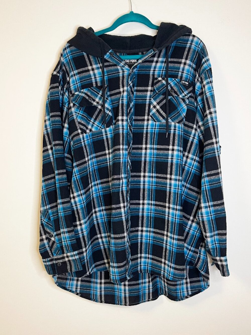 Zoo York Y2K Grunge Hooded Flannel Shirt Jacket Blue Plaid Oversized 3XL Skater